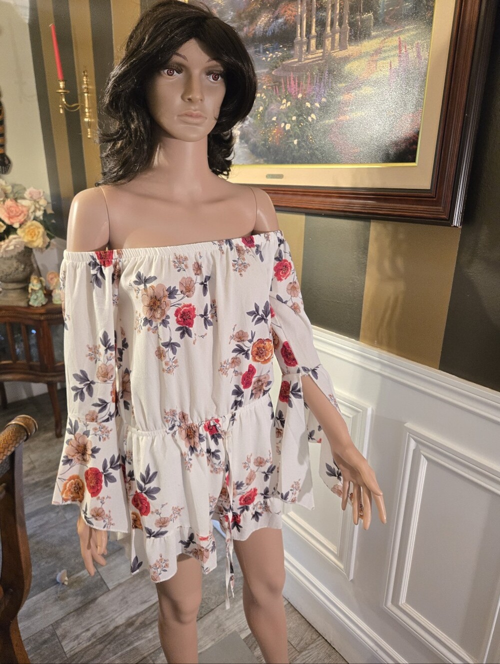 Off-Shoulder Floral Romper in Cream with Pink & Orange Roses